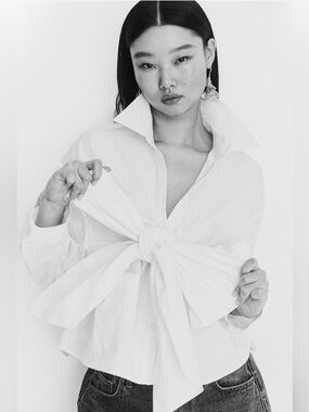 H&M Edition Tie-Detail White Cotton Shirt (white) Large